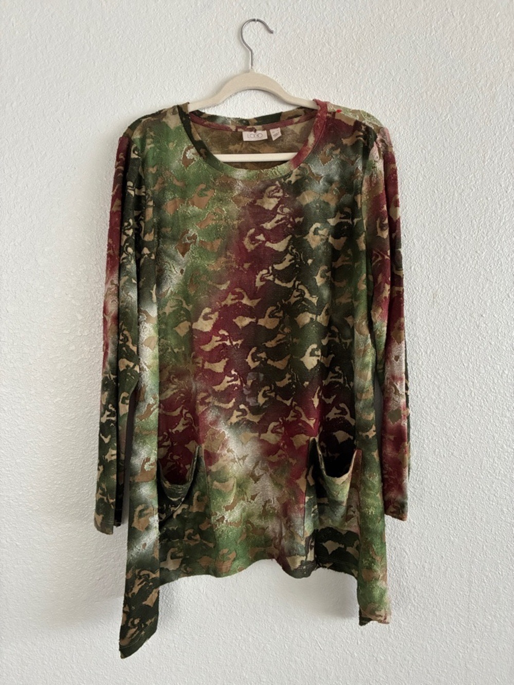 LOGO by Lori Goldstein Multicolor Camo Tunic Top - Green & Burgundy
